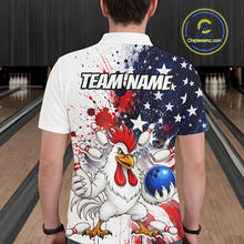Load image into Gallery viewer, Men’s us flag chicken bowling polo shirt, back view on male model in bowling lane 