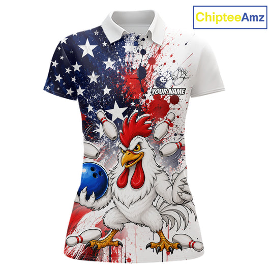 Custom us flag chicken bowling jersey for women, personalized team bowling polo shirt front view