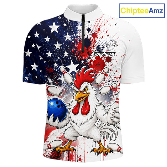 Custom us flag chicken bowling jersey for men, personalized team bowling quarter zip shirt front view