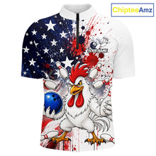 Load image into Gallery viewer, Custom us flag chicken bowling jersey for men, personalized team bowling quarter zip shirt front view