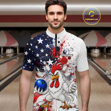 Load image into Gallery viewer, Men’s us flag chicken bowling quarter zip shirt, front view on male model in bowling lane 
