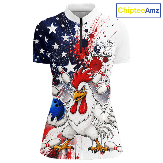 Custom us flag chicken bowling jersey for women, personalized team bowling quarter zip shirt front view