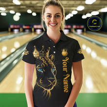 Load image into Gallery viewer, Woman wearing a black shirt with a gold panther design and 'Your Name' text in a bowling alley.