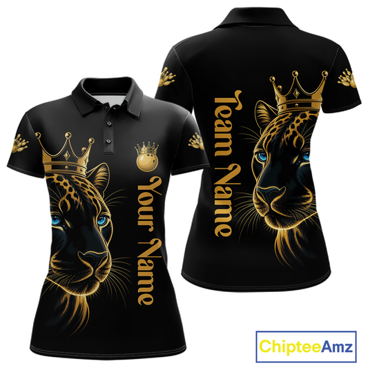 Black polo shirt with gold panther design and customizable text on a white background