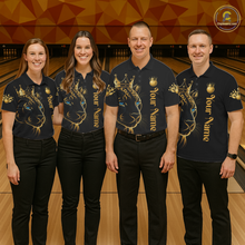 Load image into Gallery viewer, Four people wearing matching bowling shirts with a logo and text on a bowling alley background.