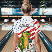 Load image into Gallery viewer, Custom US Flag Funny Alligator Bowling shirts for Women, Crocodile Bowling Team Jerseys HNT206