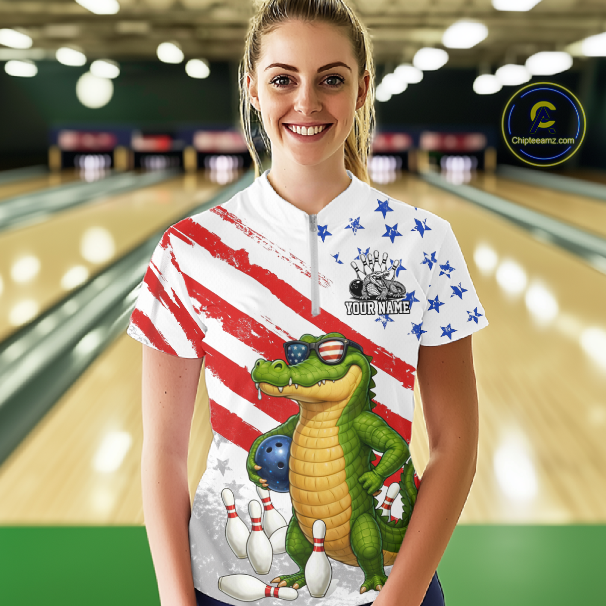 Custom US Flag Funny Alligator Bowling shirts for Women, Crocodile Bowling Team Jerseys HNT206