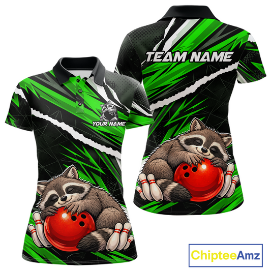 Custom Green Raccoon Funny Bowling Jersey for Women Bowling Team Shirts Polo & 1/4 Zip HNT247