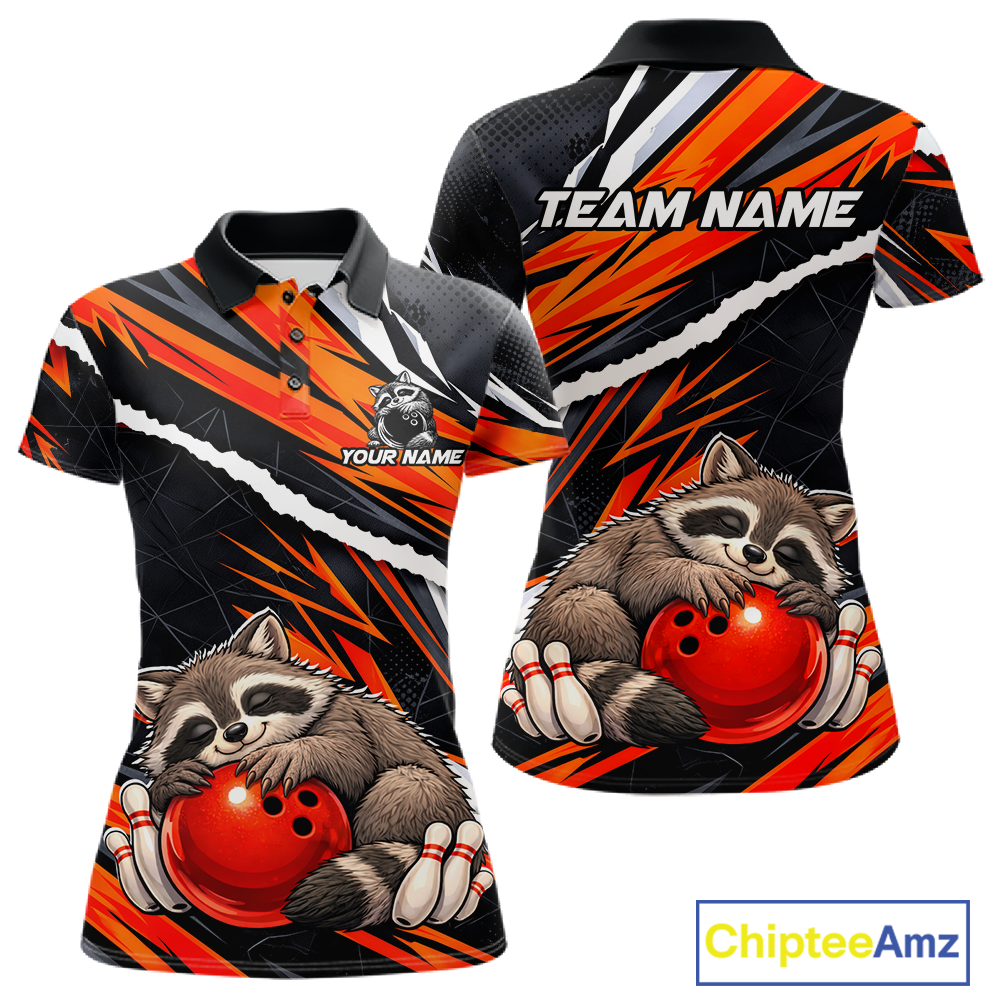 Custom Orange Raccoon Funny Bowling Jersey for Women Bowling Team Shirts Polo & 1/4 Zip HNT247