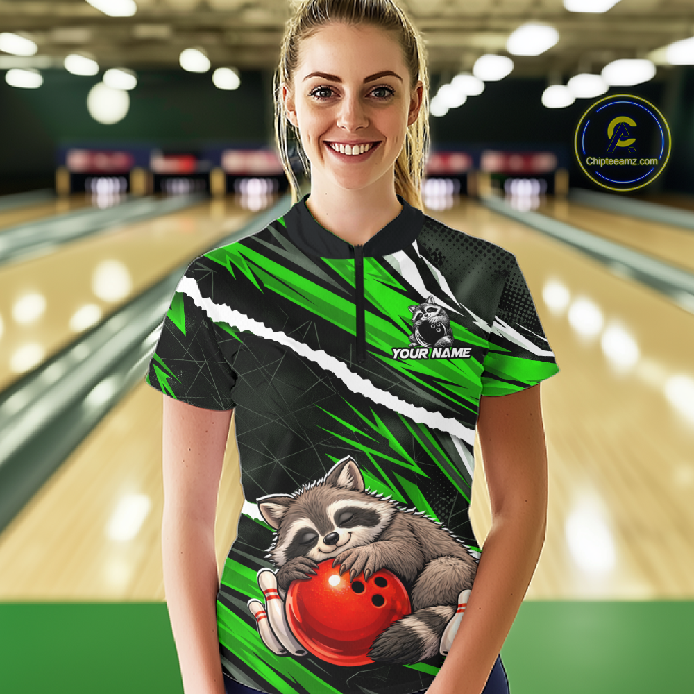 Custom Green Raccoon Funny Bowling Jersey for Women Bowling Team Shirts Polo & 1/4 Zip HNT247
