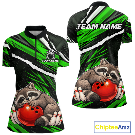 Custom Green Raccoon Funny Bowling Jersey for Women Bowling Team Shirts Polo & 1/4 Zip HNT247