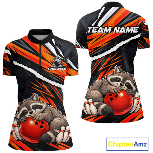 Custom Orange Raccoon Funny Bowling Jersey for Women Bowling Team Shirts Polo & 1/4 Zip HNT247