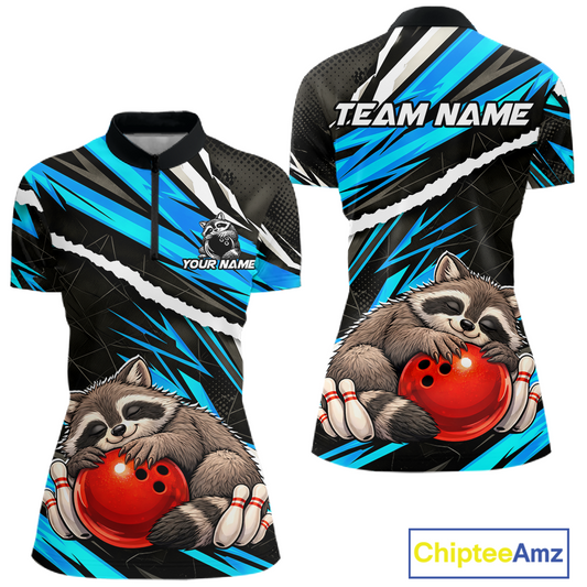 Custom Turquoise Raccoon Funny Bowling Jersey for Women Bowling Team Shirts Polo & 1/4 Zip HNT247