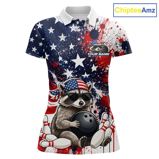 Custom us flag raccoon bowling jersey for women, personalized team bowling polo shirt front view