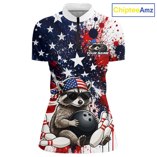 Custom us flag raccoon bowling jersey for women, personalized team bowling quarter zip shirt front view