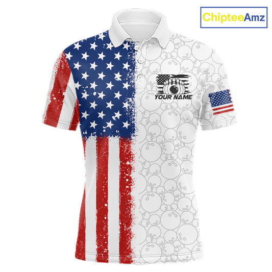 A short-sleeve polo shirt with a distressed American flag design on the left side and bowling pin patterns on the right side, featuring a customizable chest graphic and a small US flag on the sleeve. The ChipteeAmz logo is visible in the top right corner.
