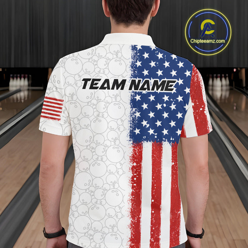 A person viewed from behind wearing a short-sleeve bowling shirt with a distressed American flag design on the back. The shirt is white with gray bowling-pin patterns on the left side, a blue field with white stars on the right, red and white stripes, and the text 'TEAM NAME' across the upper back.