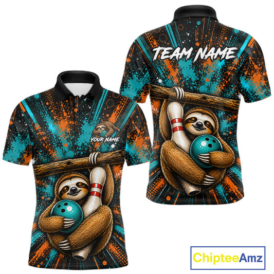 Front and back views of a short-sleeve polo shirt featuring a cartoon sloth holding bowling pins and a teal bowling ball, with a black, orange, and teal splatter background. The back view includes the text 'TEAM NAME' and the front includes 'YOUR NAME'.
