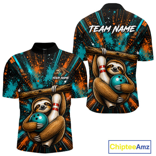 Front and back views of a short-sleeve polo shirt featuring a cartoon sloth holding bowling pins and a teal bowling ball, with orange and teal paint-splatter graphics on a black background. The front shows placeholder text 'YOUR NAME' and 'TEAM NAME' on the back.
