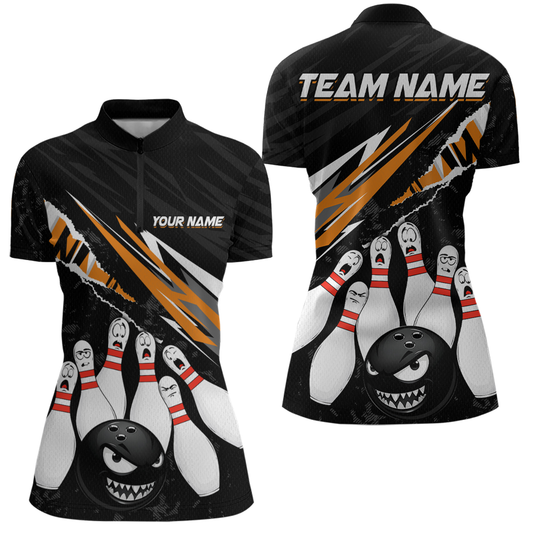 Custom Orange Funny Bowling Jersey for Women Bowling Uniform Polo & 1/4 Zip Bowling Team Shirts HNT128
