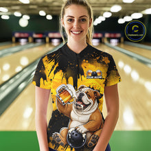 Load image into Gallery viewer, Person wearing a bowling shirt with a bulldog design in a bowling alley.
