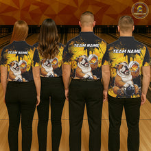 Load image into Gallery viewer, Four people wearing bowling shirts with bulldog graphics and 'Team Name' text on a bowling alley background.