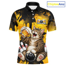 Load image into Gallery viewer, Polo shirt with a cat design holding a beer mug and bowling ball, branded 'ChipteeAmz'.