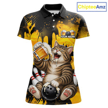 Load image into Gallery viewer, Polo shirt with a cat bowling and drinking beer design, brand 'ChipteeAmz' visible.