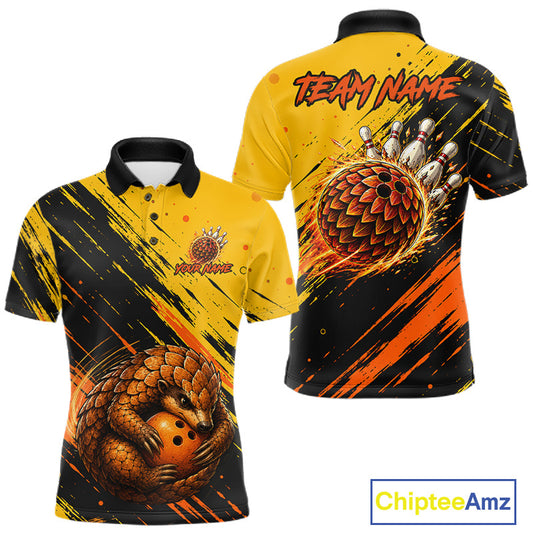 A short-sleeve polo shirt shown from both front and back on a white background. The shirt has a yellow and black abstract brushstroke design with orange accents, bowling-themed graphics including a bowling ball and pins, and placeholder text reading TEAM NAME on the back.