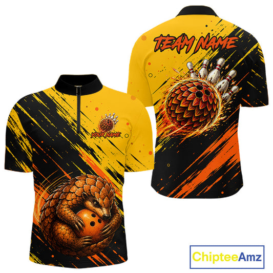 Custom short-sleeve athletic quarter-zip shirt shown from the front and back, featuring a bold yellow and black paint-splatter design with an orange bowling ball graphic and 'TEAM NAME' placeholder text on the back.