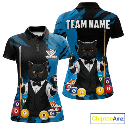 Custom Black Cat 8 Ball Pool Shirts Blue Billiard Shirt for Women Billiard Team Jersey Billiard Gift NNT181