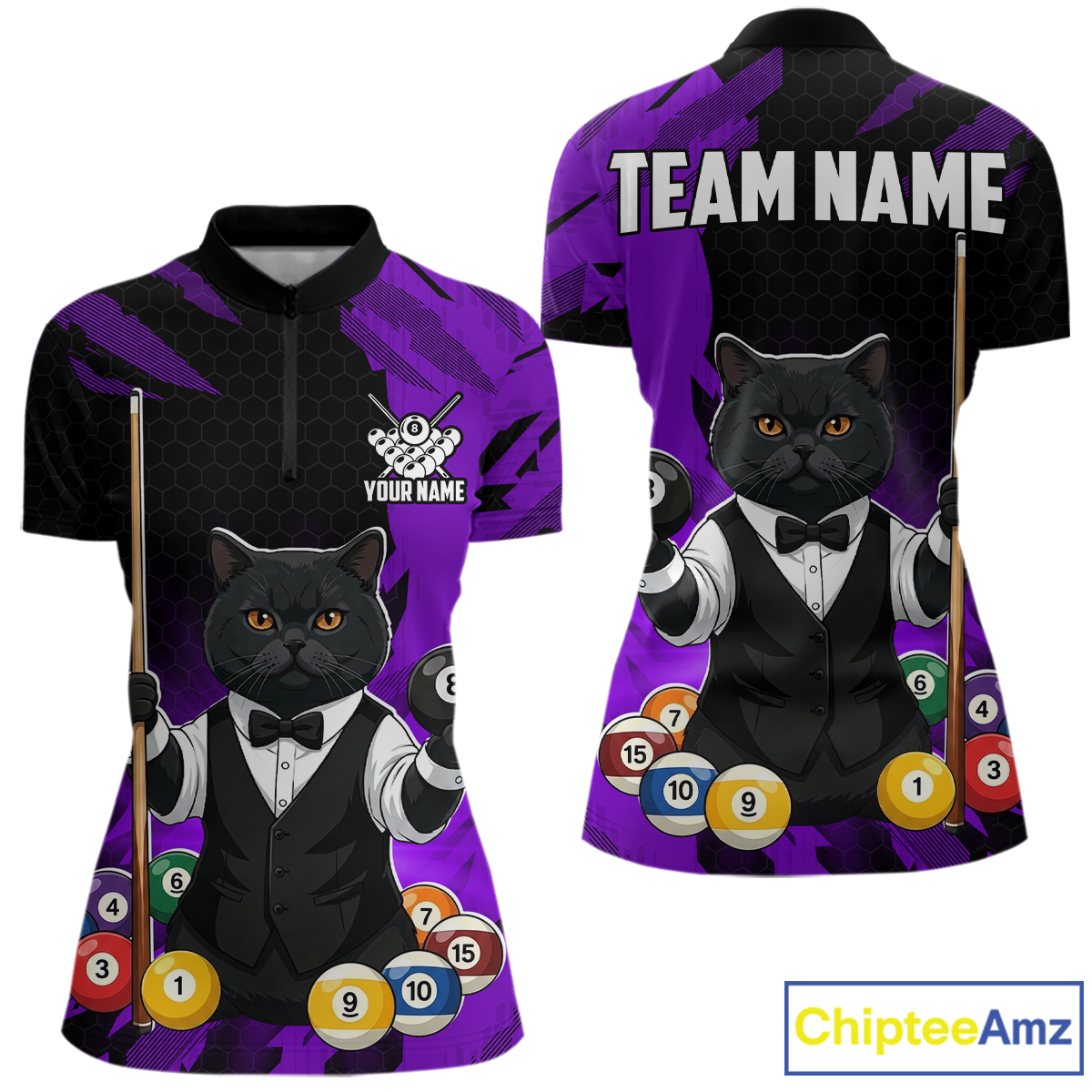 Custom Black Cat 8 Ball Pool Shirts Purple Billiard Shirt for Women Billiard Team Jersey Billiard Gift NNT181