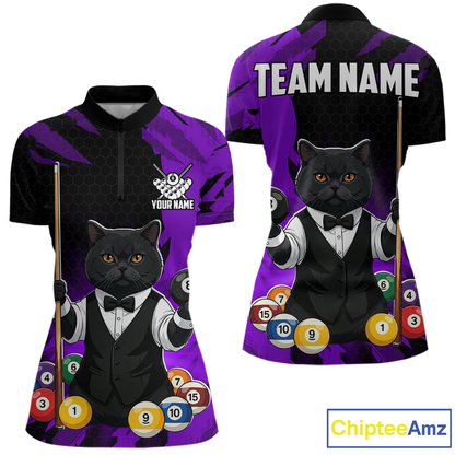 Custom Black Cat 8 Ball Pool Shirts Purple Billiard Shirt for Women Billiard Team Jersey Billiard Gift NNT181