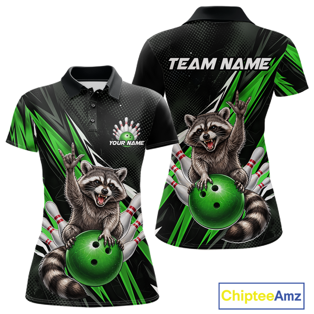 Custom Green Raccoon Bowling Jersey for Women Bowling Team Shirts Bowling Polo & 1/4 Zip HNT254