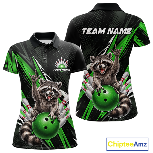 Custom Green Raccoon Bowling Jersey for Women Bowling Team Shirts Bowling Polo & 1/4 Zip HNT254