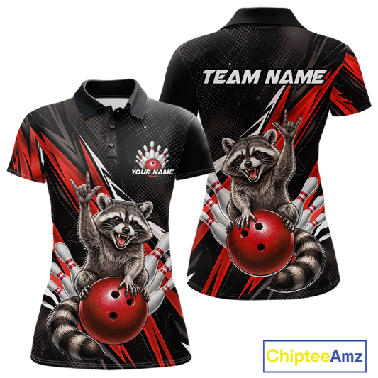 Custom Red Raccoon Bowling Jersey for Women Bowling Team Shirts Bowling Polo & 1/4 Zip HNT254