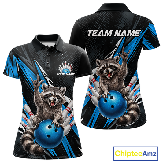 Custom Turquoise Raccoon Bowling Jersey for Women Bowling Team Shirts Bowling Polo & 1/4 Zip HNT254