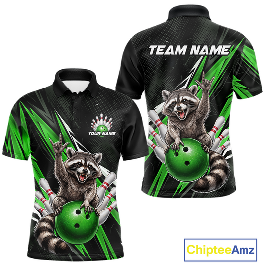 Custom Green Raccoon Bowling Jersey for Men Bowling Team Shirts Bowling Polo & 1/4 Zip HNT254
