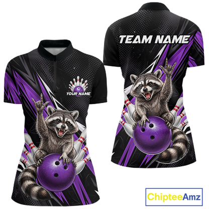 Custom Purple Raccoon Bowling Jersey for Women Bowling Team Shirts Bowling Polo & 1/4 Zip HNT254