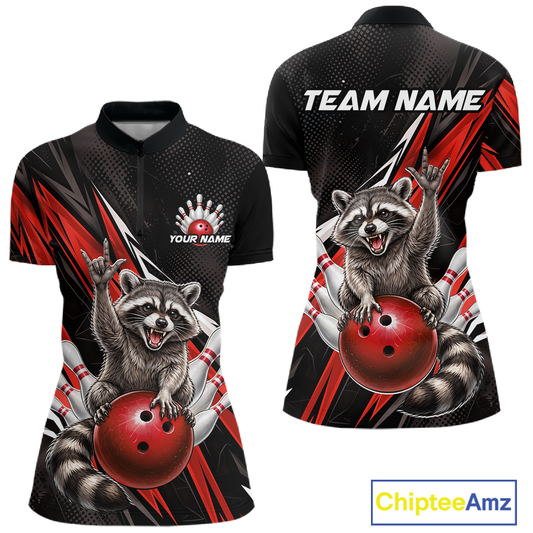 Custom Red Raccoon Bowling Jersey for Women Bowling Team Shirts Bowling Polo & 1/4 Zip HNT254