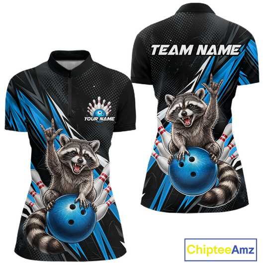 Custom Turquoise Raccoon Bowling Jersey for Women Bowling Team Shirts Bowling Polo & 1/4 Zip HNT254