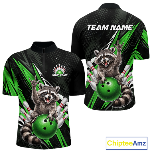 Custom Green Raccoon Bowling Jersey for Men Bowling Team Shirts Bowling Polo & 1/4 Zip HNT254