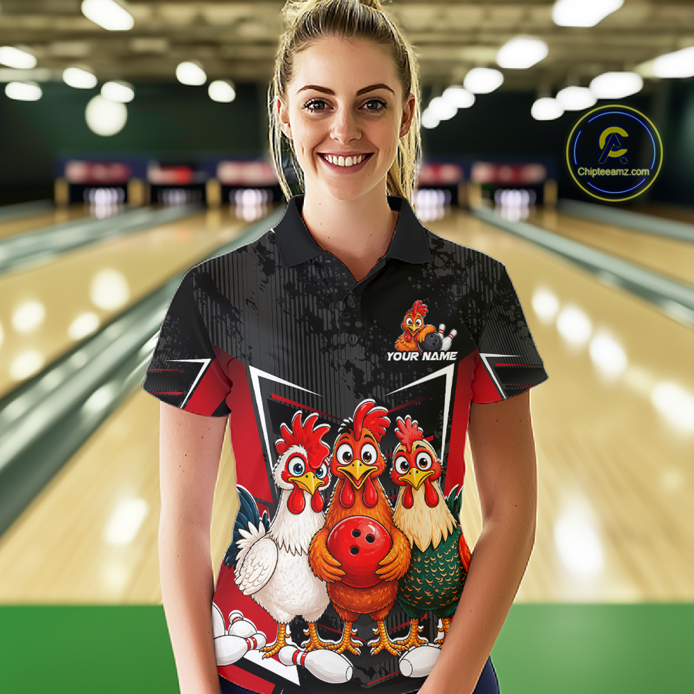 Red Funny Three Chicken Bowling Jersey for Women Bowling League Bowling Team Shirts HN287