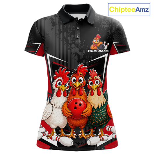 Red Funny Three Chicken Bowling Jersey for Women Bowling League Bowling Team Shirts HN287