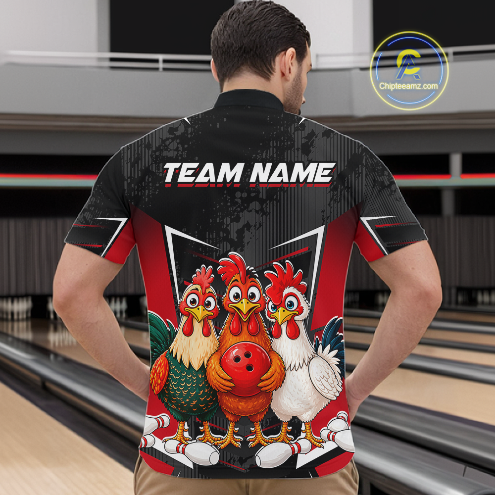Red Funny Three Chicken Bowling Jersey for Men Bowling League Bowling Team Shirts HN287