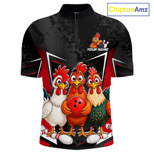 Red Funny Three Chicken Bowling Jersey for Men Bowling League Bowling Team Shirts HN287