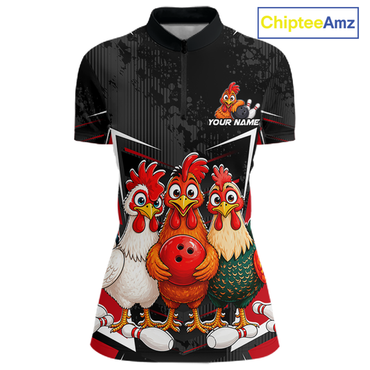 Red Funny Three Chicken Bowling Jersey for Women Bowling League Bowling Team Shirts HN287