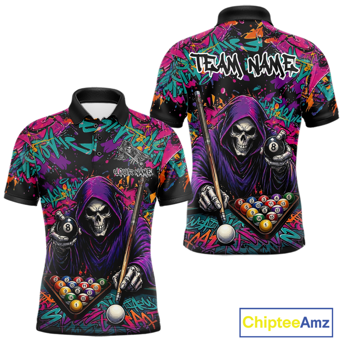 Custom Graffiti Grim Reaper 8 Ball Billiard Shirt for Men Billiard Team Jersey Billiard League NNT186