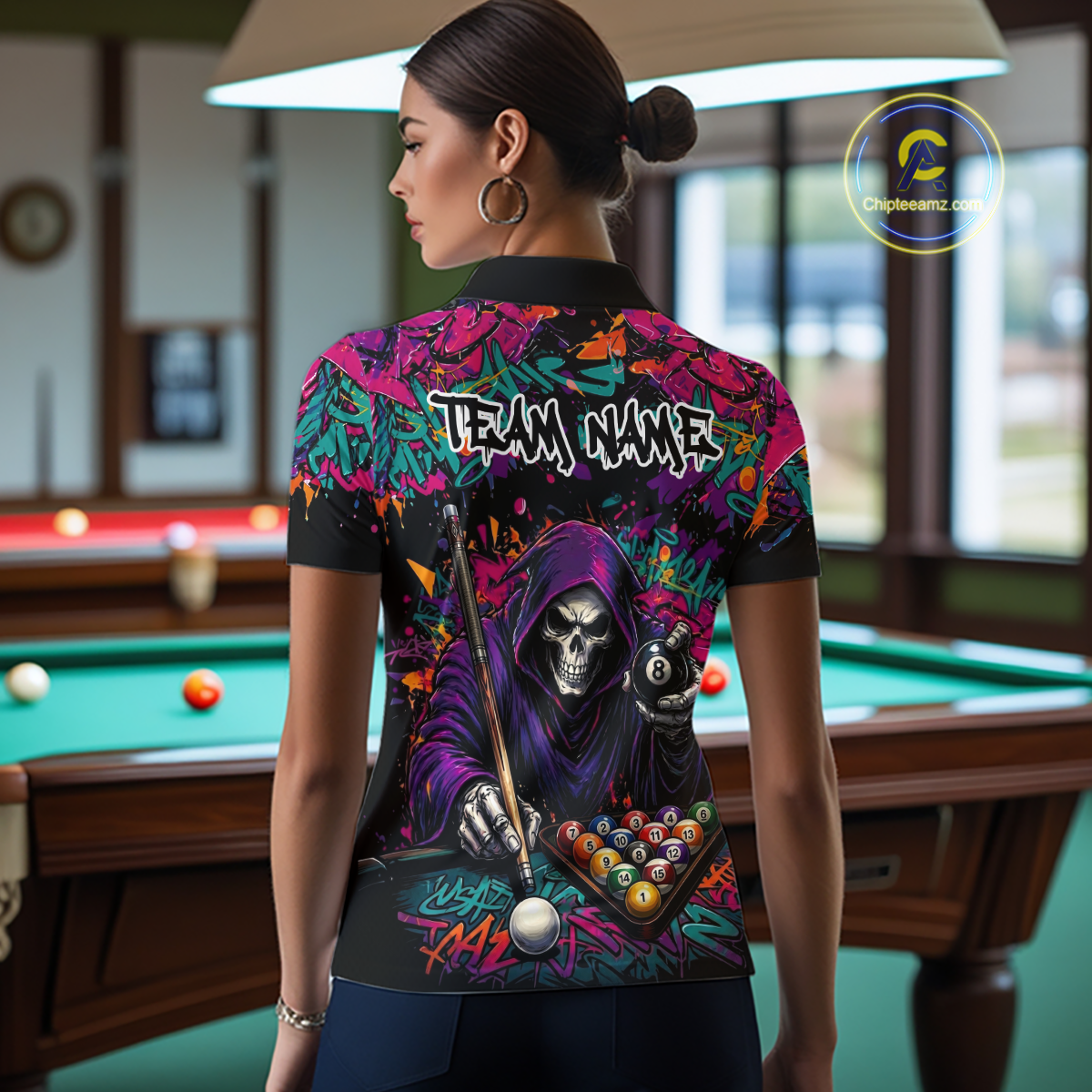 Custom Graffiti Grim Reaper 8 Ball Billiard Shirt for Women Billiard Team Jersey Billiard League NNT186