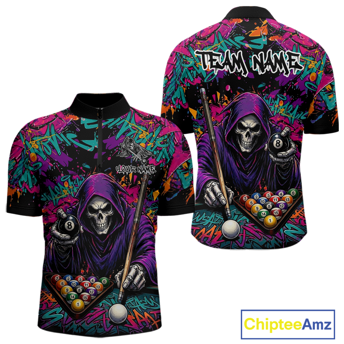 Custom Graffiti Grim Reaper 8 Ball Billiard Shirt for Men Billiard Team Jersey Billiard League NNT186